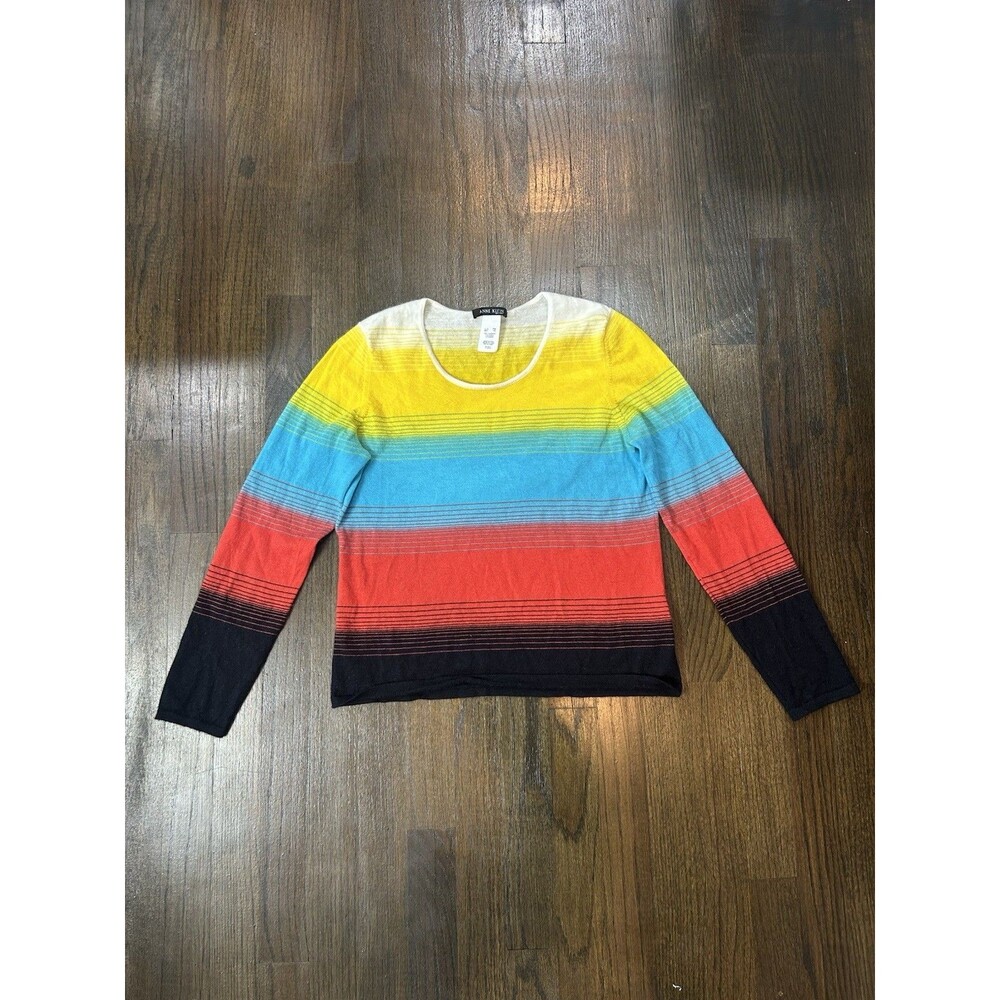 Anne Klein 100% Cashmere Rainbow Color Striped Super Soft Sweater Size PM